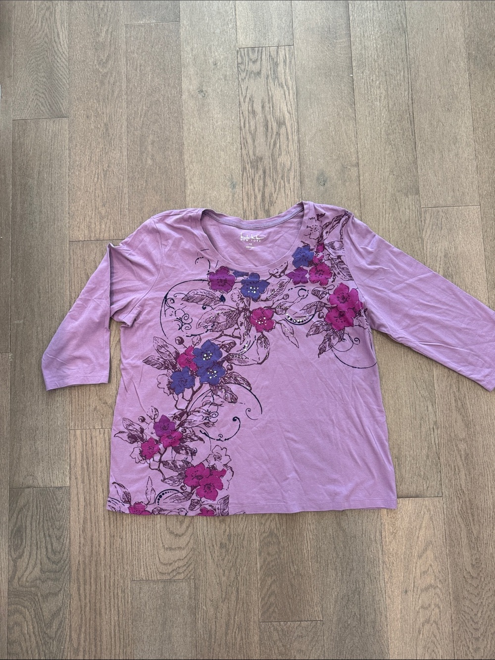 Nicole Miller Purple Floral Sequined Quarter Sleeve Women’s 1X Scoop Neck Cotton